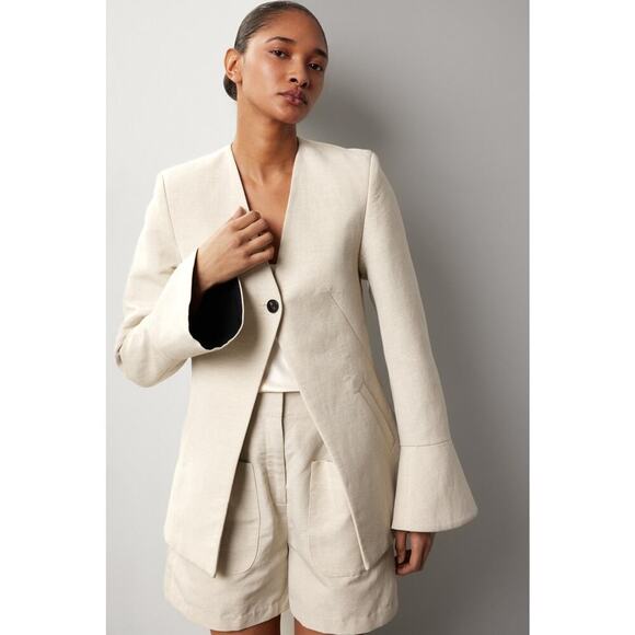 Co Beige Wool Hemp Blend Peplum Bell Sleeves One Button Blazer Jacket Size Small - Picture 3 of 15